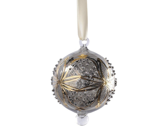 Libra Hand Painted Gold And Grey Glass Flower Design Round Bauble